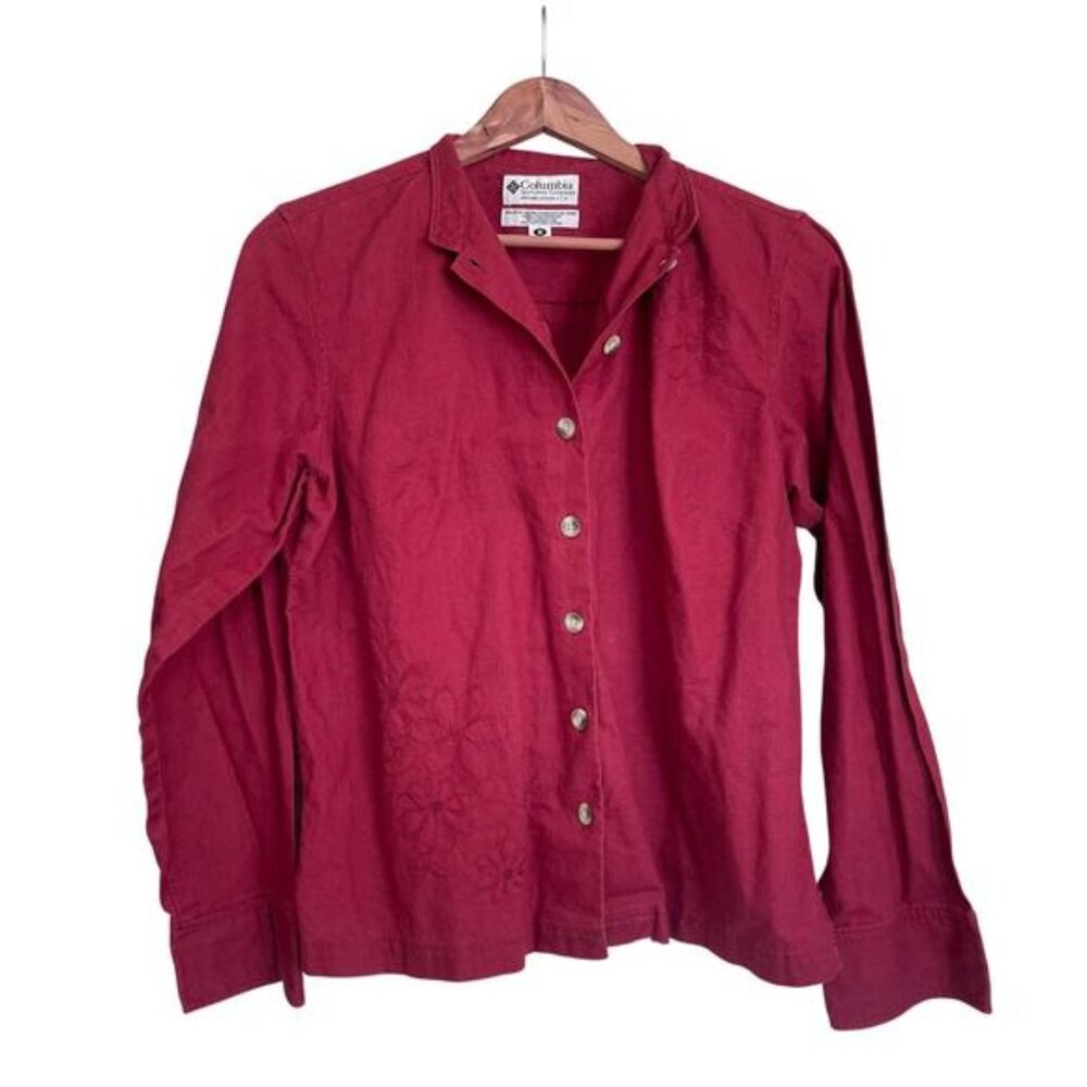 Vintage Columbia Women’s Embroidered Red Linen Button Down Shirt Size Medium